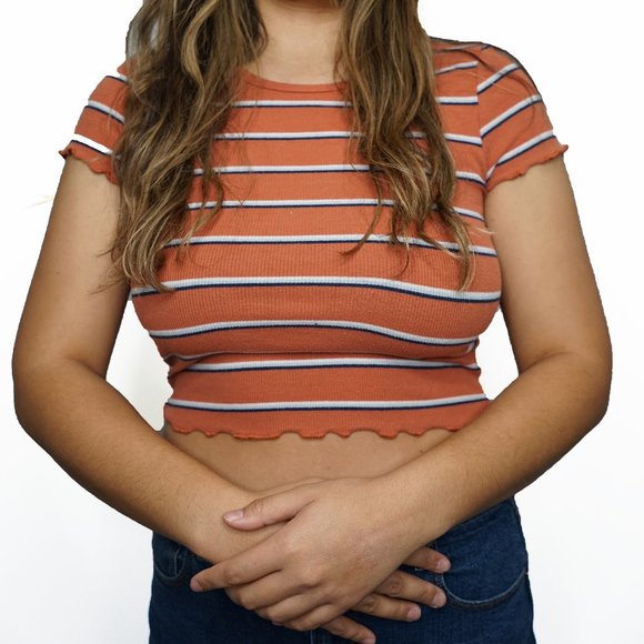 American Eagle Y2K Orange Striped Cropped Shirt with Scalloped Sleeves - Picture 1 of 4